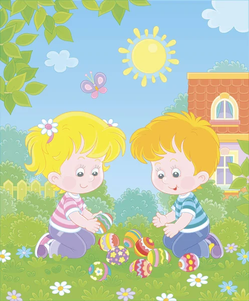 Happy Little Kids Collecting Colorfully Painted Eggs Easter Egg Hunt — Stock Vector