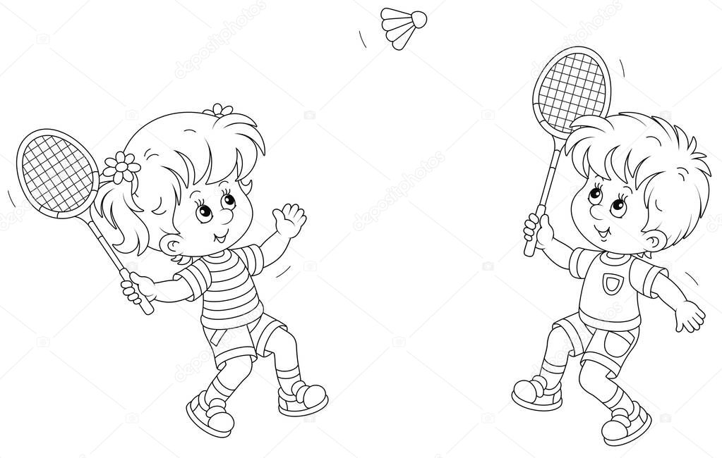 Happy little kids playing badminton with rackets and a flying shuttlecock in a fun game on a summer playground, black and white outline vector cartoon illustration for a coloring book page