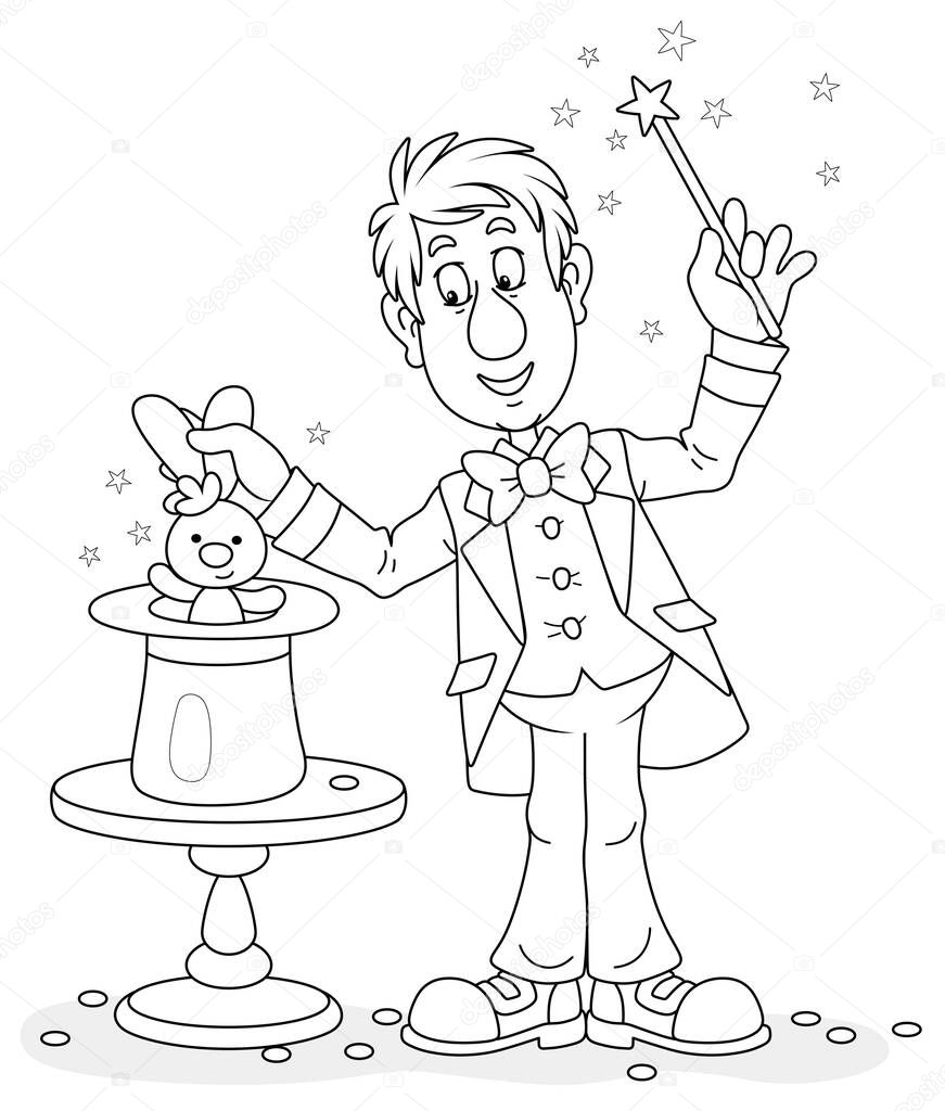 Artful circus magician illusionist conjuring tricks with a small rabbit and waving a magic wand above his mysterious hat on a stage, black and white outline vector cartoon illustration