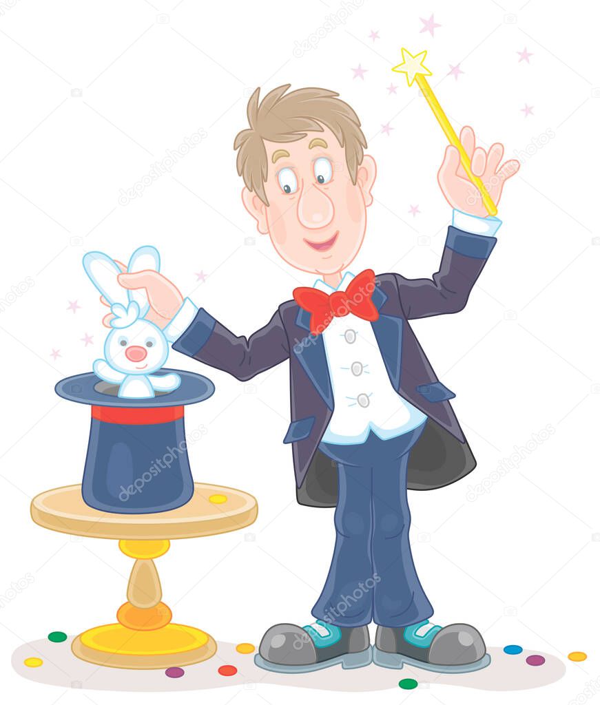 Artful circus magician illusionist conjuring tricks with a small white rabbit and waving a magic wand above his mysterious hat on a stage, vector cartoon illustration isolated on a white background