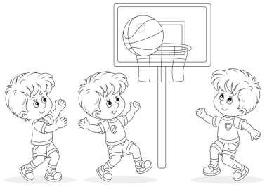 Spor sahasında büyük bir spor topuyla basketbol oynayan neşeli küçük çocuklar, boyama kitabı sayfası için siyah-beyaz çizgili vektör çizimi