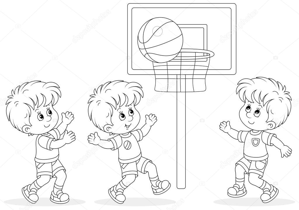 Cheerful little kids playing basketball with a big sports ball on a sportsground, black and white outline vector cartoon illustration for a coloring book page