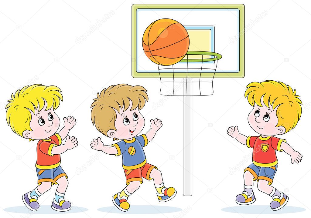 Cheerful little kids playing basketball with a big orange ball in a fun game on a playground, vector cartoon illustration isolated on a white background