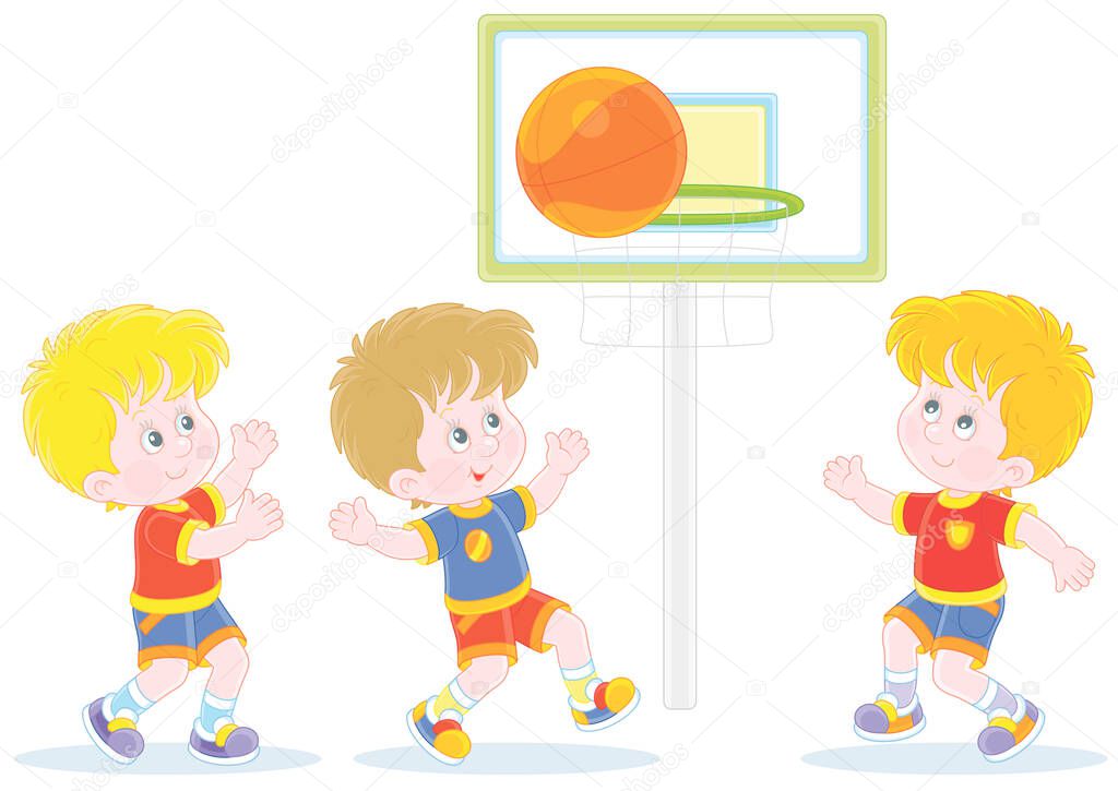Cheerful little kids playing basketball with a big orange ball on a sportsground, vector cartoon illustration isolated on a white background