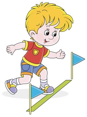 Küçük bir çocuk spor sahasındaki bir atletizm yarışmasının başlangıcında, beyaz arka planda izole edilmiş vektör karikatür çizimi.