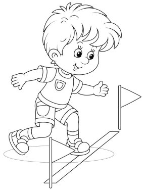 Küçük bir çocuk spor sahasında koşan bir yarışın başlangıcında, bir boyama kitabı sayfası için siyah-beyaz çizgili vektör çizimi