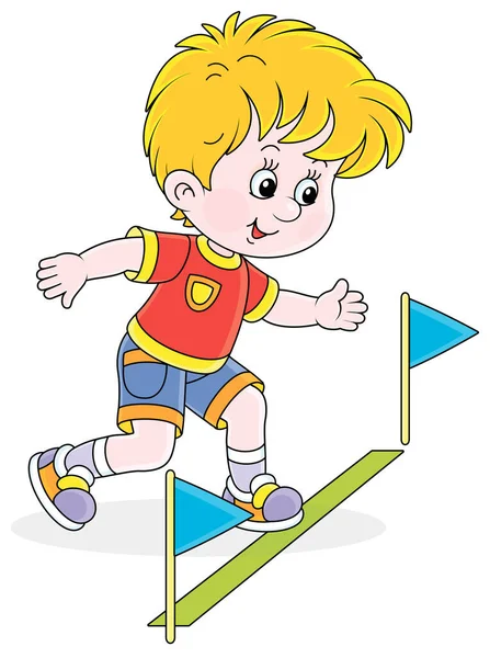 Kleiner Junge Start Eines Laufes Bei Einem Leichtathletik Wettkampf Auf — Stockvektor