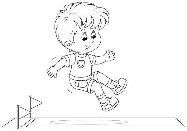 スポーツの地面 黒と白のアウトラインベクトル漫画のイラストの競争で実行開始と長いジャンプで陽気な少年はぬり絵のページのために — ストックベクタ