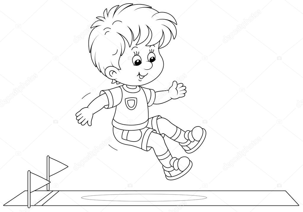 Cheerful little boy in a long jump with a running start at a competition on a sports ground, black and white outline vector cartoon illustration for a coloring book page