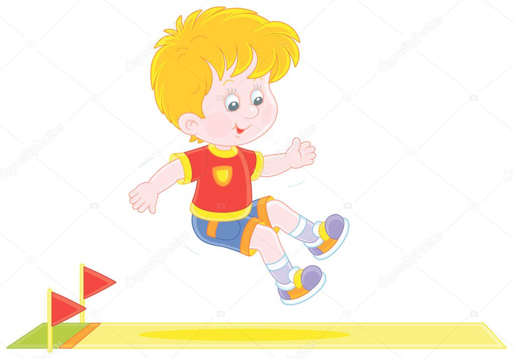 Cheerful little boy in a long jump with a running start in a competition on a sports ground, vector cartoon illustration isolated on a white background
