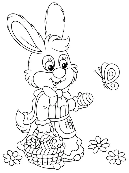 复活节小兔子 身穿节日礼服 手里拿着一小篮装饰好的彩蛋 拿着一只嬉闹的蝴蝶四处飞舞 画有黑白矢量的卡通画 — 图库矢量图片