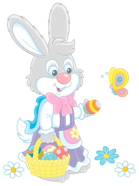 Little Easter Bunny Colorful Holiday Dress Holding Small Wicker Basket — Stock Vector