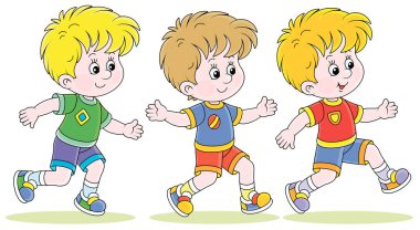 Spor sahasında yarışan neşeli küçük çocuklar, beyaz arka planda izole edilmiş vektör karikatür çizimleri.