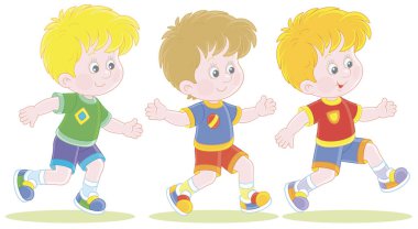 Spor sahasında yarışan neşeli küçük çocuklar, beyaz arka planda izole edilmiş vektör karikatür çizimleri.