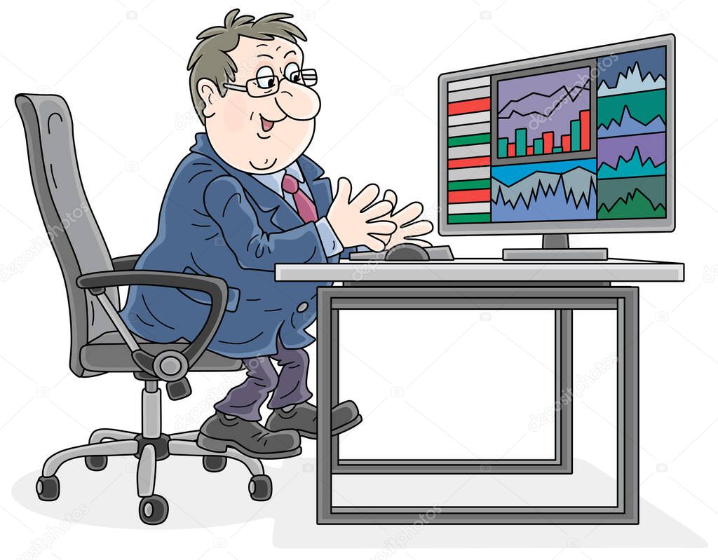 Trader watching a computer monitor with graphs and rates at his workplace at a stock or currency exchange, vector cartoon illustration on a white background