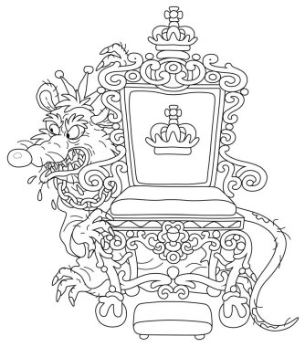 Spiteful and insidious old rat king with a shabby tail, wearing a crown and a chain, grinning from behind a royal throne, black and white outline vector cartoon illustration clipart