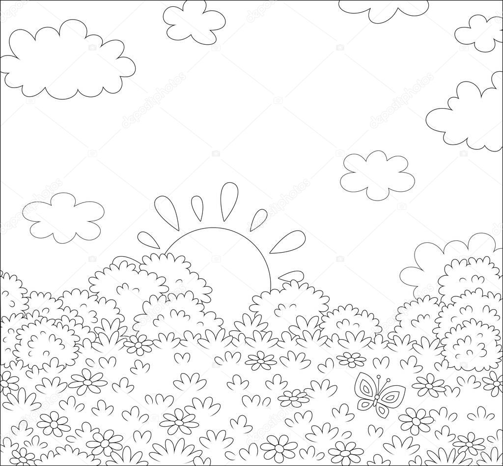 Sun setting over a pretty field with wildflowers and a flittering butterfly on a beautiful warm evening, black and white outline vector cartoon illustration for a coloring book page