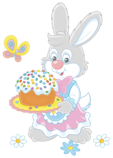 Lindo Conejito Hermoso Vestido Fiesta Sosteniendo Plato Con Pastel Pascua — Vector de stock