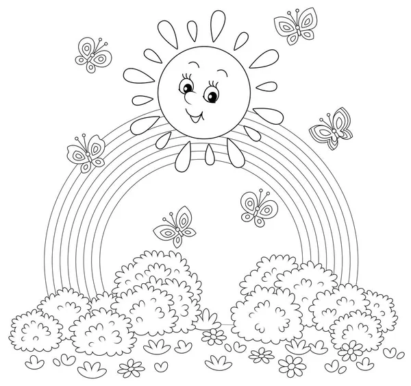 Amichevole Sole Sorridente Con Arcobaleno Farfalle Allegramente Svolazzante Bel Campo — Vettoriale Stock