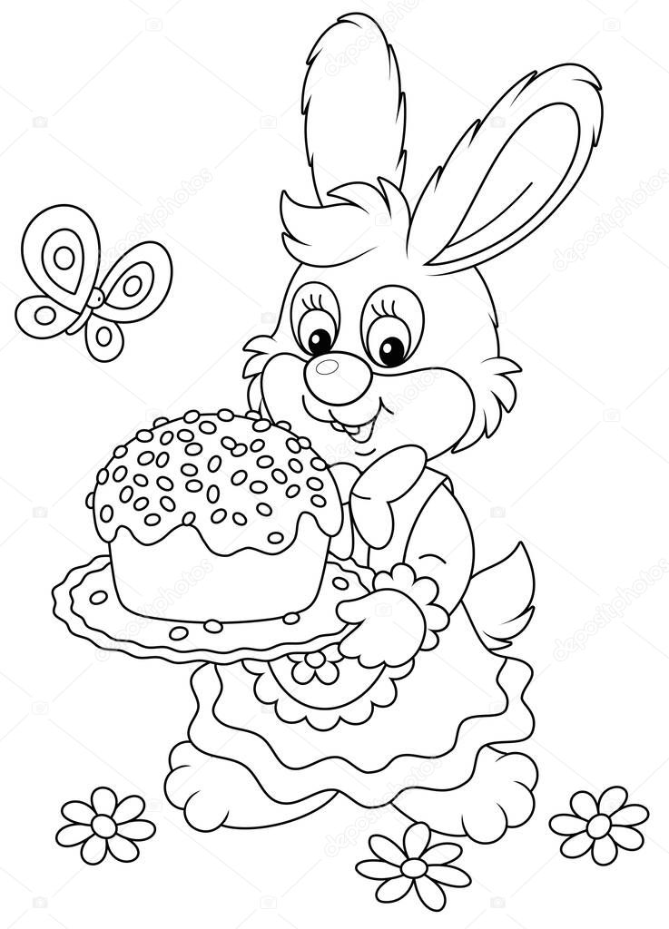 Cute little bunny in a beautiful holiday dress holding a dish with a sweet Easter cake decorated with candies, black and white outline vector cartoon illustration