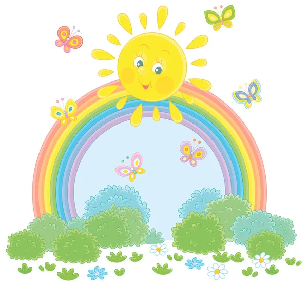 Freundlich Lächelnde Sonne Mit Einem Bunten Regenbogen Und Schmetterlingen Die — Stockvektor