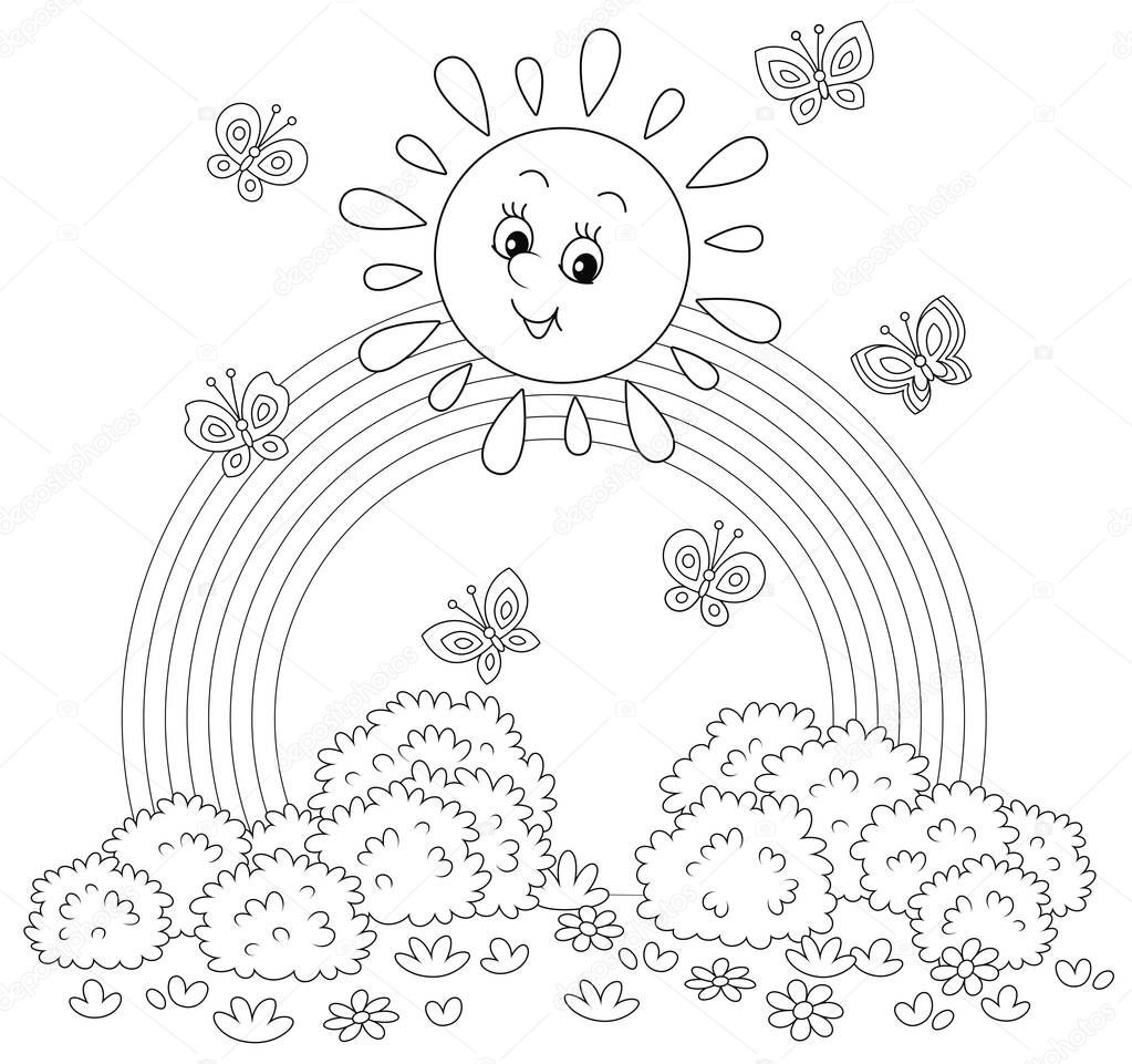 Friendly smiling sun with a rainbow and butterflies merrily flittering over a pretty field with flowers and bushes after warm summer rain, black and white outline vector cartoon