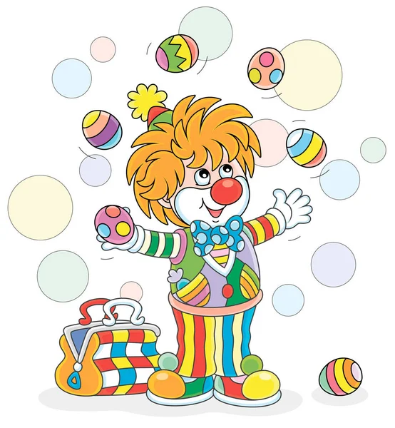 Payaso Sonriente Divertido Amigable Traje Cómico Colorido Que Hace Malabares — Vector de stock