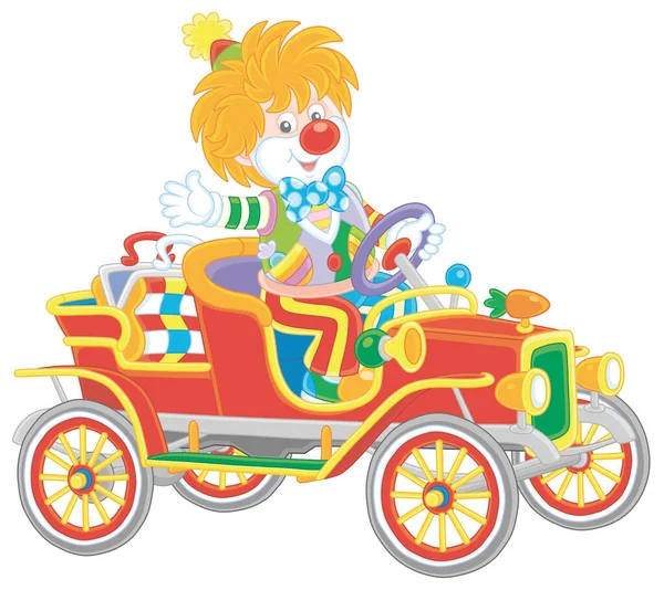 Amistoso Payaso Sonriente Traje Cómico Colorido Conduciendo Coche Retro Divertido — Archivo Imágenes Vectoriales