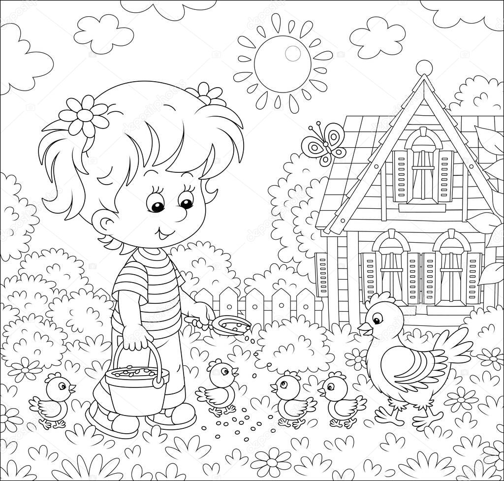 Little girl farmer standing with a bucket of feed grain and feeding a merry brood of small chicks and a cute hen on a chicken farm on a sunny summer day, black and white vector cartoon illustration