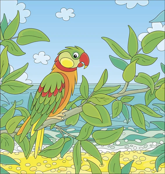 Забавный Красочный Попугай Сидящий Ветке Зеленого Дерева Тропических Джунглях Экзотического — стоковый вектор