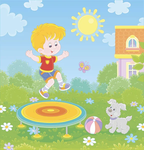 Šťastný Malý Chlapec Hraje Svým Malým Štěnětem Skákání Hračky Trampolíny — Stockový vektor