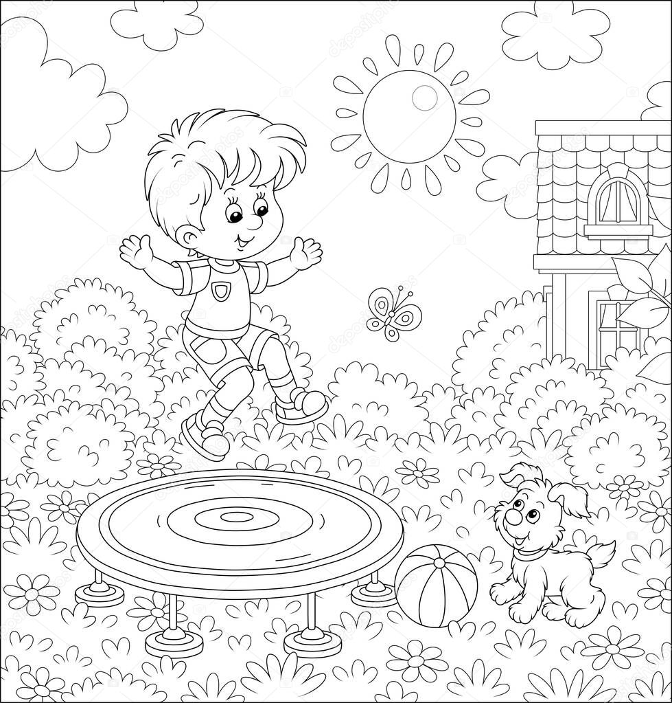 Happy little boy playing with his small pup and jumping on a toy trampoline on a front lawn on a sunny summer day, black and white outline vector cartoon illustration