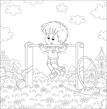 Işık ve spor kıyafetleri içinde neşeli küçük bir çocuk kendini bir oyun parkındaki bir spor barına çekiyor. Oldukça küçük bir kasabada, siyah ve beyaz vektör karikatür çizimi.