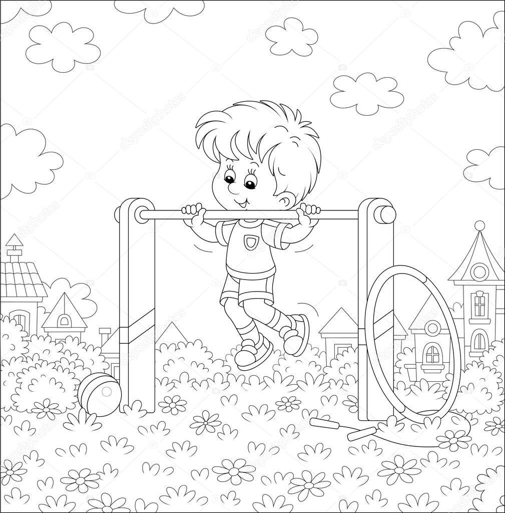 Cheerful little boy in light and sport clothes pulling himself up on a sport horizontal bar on a playground in a summer park of a pretty small town, black and white vector cartoon illustration