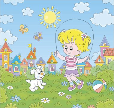 Küçük mutlu kız, şirin ve neşeli yavrusuyla birlikte küçük bir kasabanın yeşil yaz parkında, vektör karikatür resimlerinde ip atlıyor.