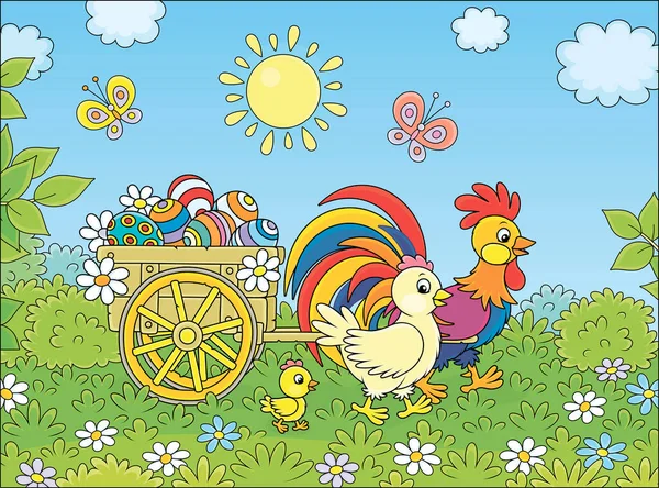 Small Wooden Cart Painted Easter Eggs Pulled Colorful Rooster Cute Vector Graphics