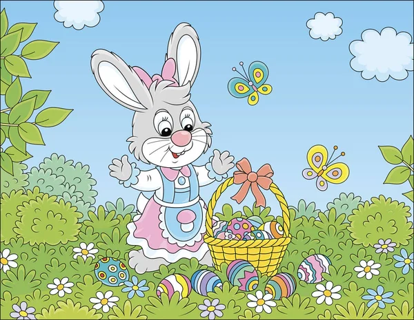 Boldog Húsvéti Nyuszi Egy Díszes Kosár Színes Festett Tojások Között Stock Illusztrációk