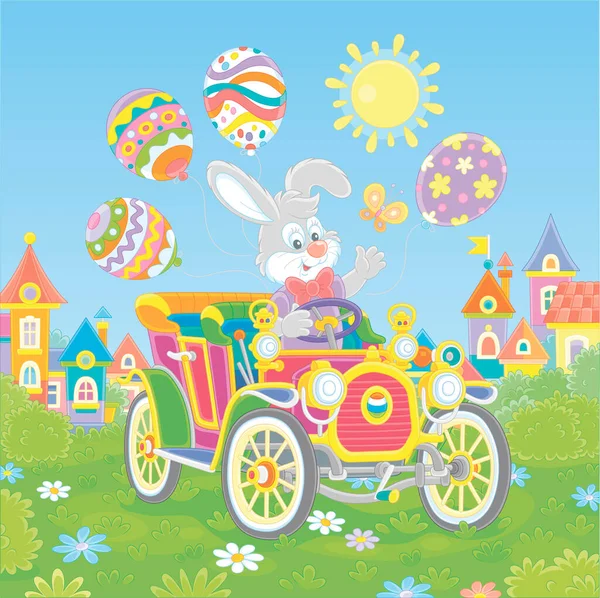 Little Easter Bunny Amigável Sorrindo Acenando Saudação Dirigindo Carro Retro Ilustração De Bancos De Imagens