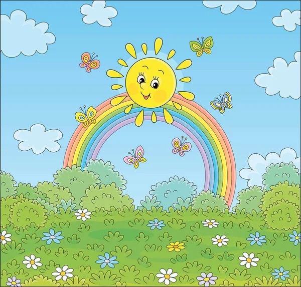 Amistoso Sol Sonriente Con Colorido Arco Iris Mariposas Revoloteando Alegremente Ilustración De Stock