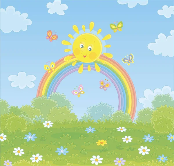 Дружнє Усміхнене Сонце Барвистою Веселкою Метеликами Весело Блищить Над Зеленим Стокова Ілюстрація