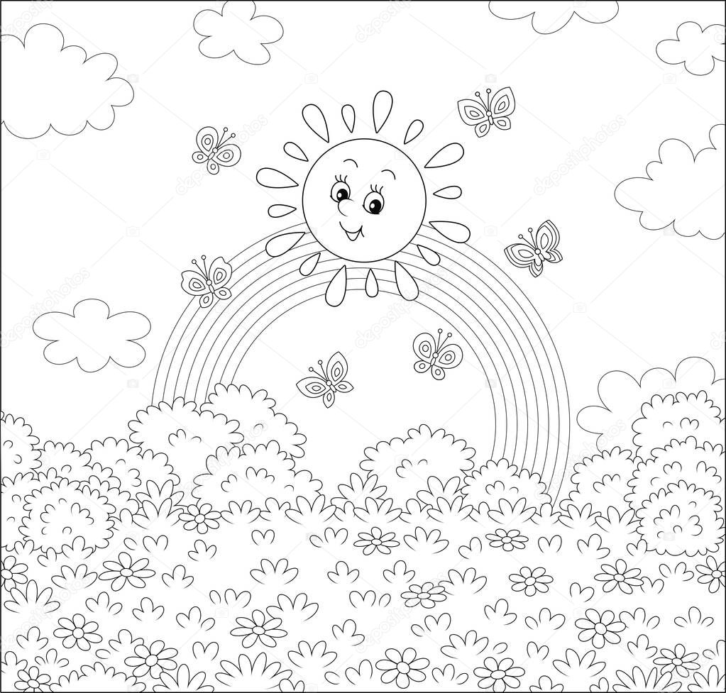 Friendly smiling sun with a rainbow and butterflies merrily flittering over a pretty field with flowers and bushes after warm summer rain, black and white outline vector cartoon