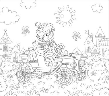 Komik takım elbiseli arkadaş canlısı bir palyaço sirk gösterisinde komik bir retro araba kullanıyor. Bir yaz parkında, küçük, şirin bir kasabada, siyah-beyaz vektör çiziminde.