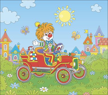 Renkli bir komedi elbisesi içinde, yeşil bir oyun parkında komik bir retro araba süren sevimli, güler yüzlü bir palyaço. Küçük, şirin bir kasabanın yeşil parkında, vektör karikatür çizimi.