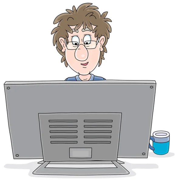 Funny Guy Working His Computer Attentively Looking Big Monitor Vector Vector Graphics