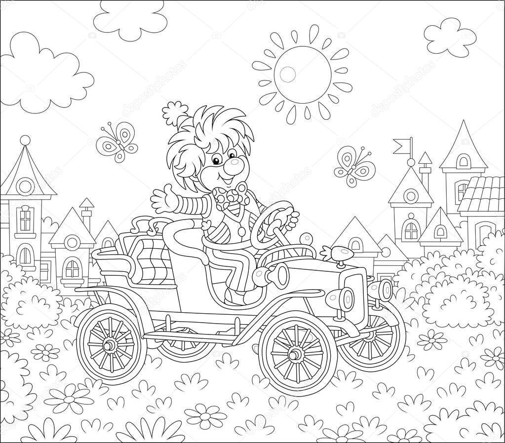 Friendly smiling clown in a comic suit driving a funny retro car in a circus performance on a playground in a summer park of a small pretty town, black and white vector cartoon illustration