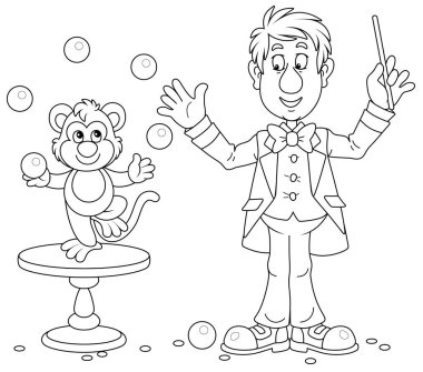 Funny circus animal trainer with his small monkey juggling with balls in a performance, black and white outline vector cartoon illustration for a coloring book page clipart