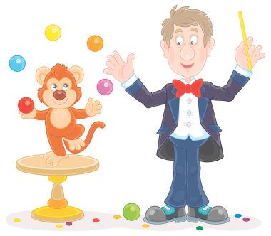Funny circus animal trainer with his small monkey juggling with color balls, vector cartoon illustration on a white background clipart
