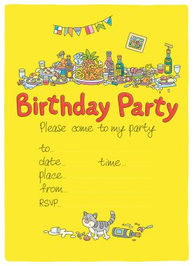 Gürültülü ve komik bir kutlamanın ardından çeşitli içkiler ve lezzetli yemeklerle dolu bir şenlik masası olan doğum günü partisi davetiyesi, vektör karikatürü çizimi