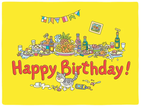 Happy Birthday Card Festive Tableful Various Drinks Tasty Food Noisy Royalty Free Stock Vectors