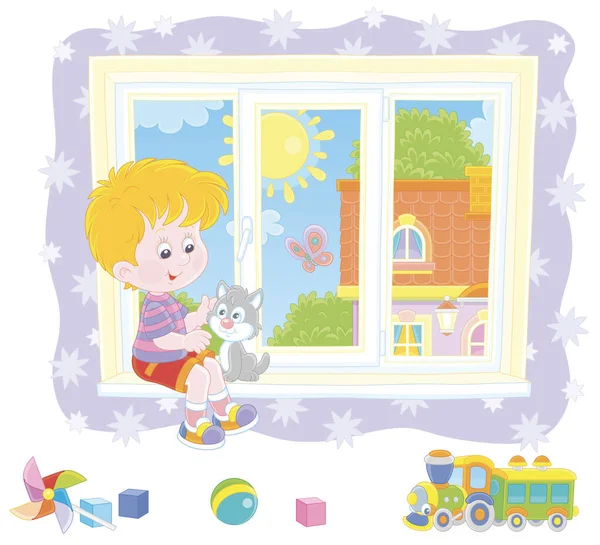 小さな男の子と遊ぶ彼のかわいい子猫と一緒に窓辺の保育室で星空の壁紙と面白いカラフルなおもちゃ晴れた夏の日 ベクトル漫画のイラスト — ストックベクタ